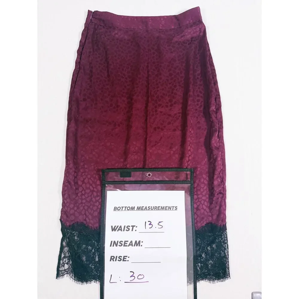 QED London Whimsigoth Satin Lace Trim Midi Pencil Skirt Size 6 Purple Y2K Glam